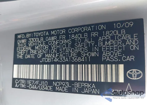 2010 Toyota Yaris from USA, damaged, VIN JTDBT4K33A1368411